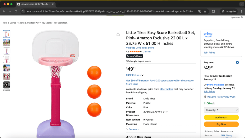 Little Tikes Easy Score Basketball Set in pink, featuring a hoop with net and three orange balls, designed for outdoor play.