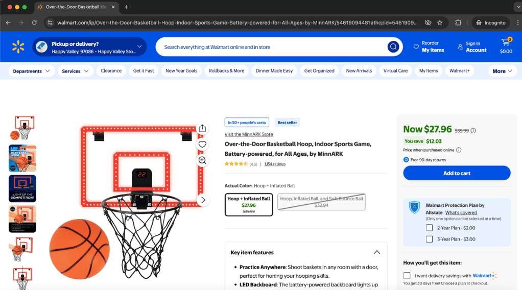 Over-the-Door Basketball Hoop with a digital scoreboard, designed for indoor use, includes an inflated basketball, available for purchase online.