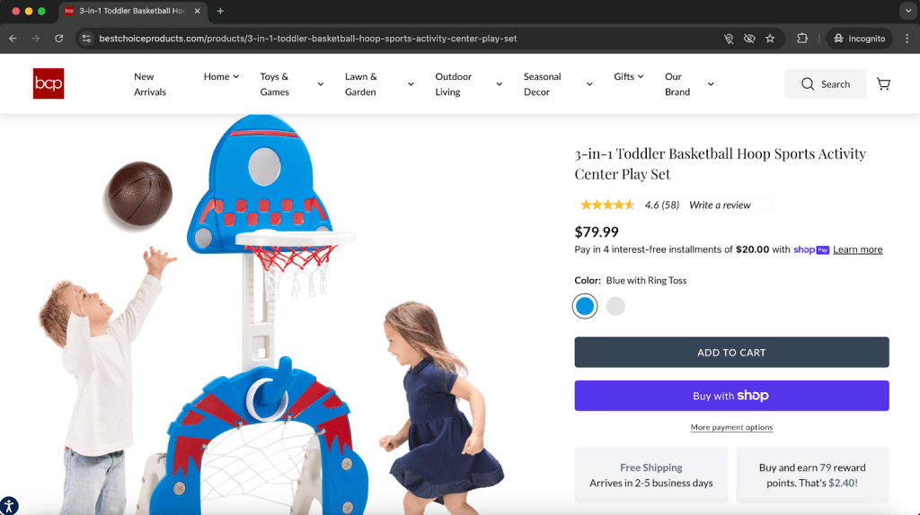 A colorful toddler basketball hoop playset featuring two children playing with a small basketball. The set includes a hoop and a ring toss, designed for active play.