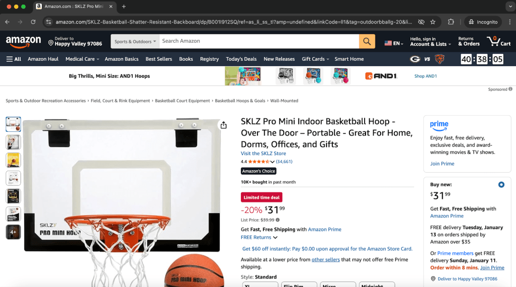 SKLZ Pro Mini Indoor Basketball Hoop designed for over-the-door installation, suitable for home, dorms, and offices, featuring a backboard and rim with an orange basketball.